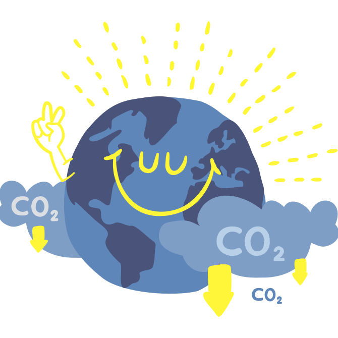 A cartoon earth with a smiley face and a co2 sign.